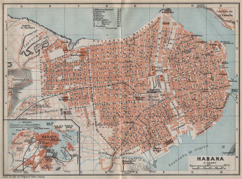 HAVANA HABANA antique town city ciudad plan. Cuba. BAEDEKER 1909 old map: TITLE OF THE MAP: 'Habana' (Havana) DATE PRINTED: 1909 IMAGE SIZE: Approx 15.0 x 20.5cm, 5.75 x 8 inches (Medium); Please note that this is a folding map. TYPE: Antique colour map; Scale 1:20.000; Sca