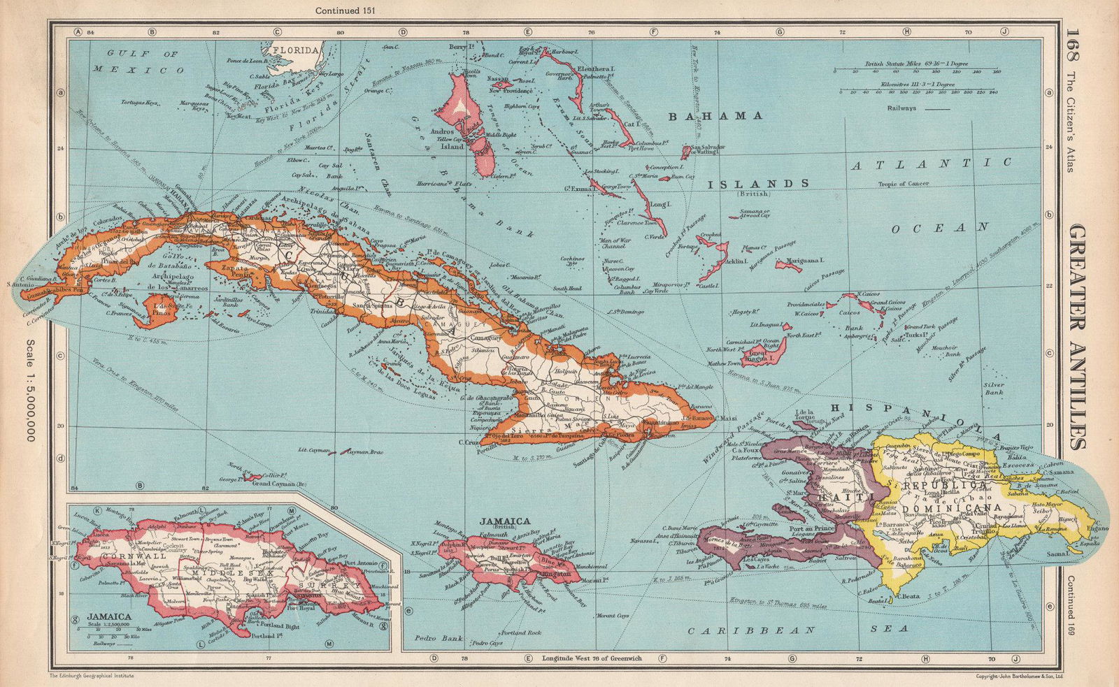 GREATER ANTILLES.Cuba Hispaniola Jamaica Bahamas.Haiti Dominican Rep. 1952 map (1 of 1)