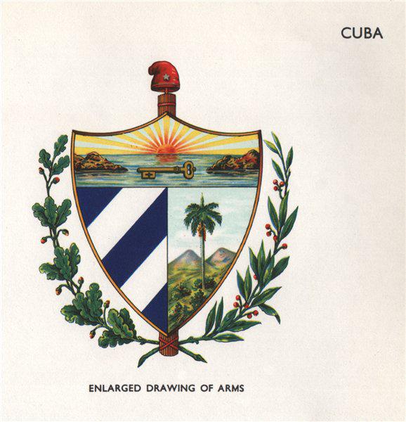 CUBA FLAGS. Arms 1958 old vintage print picture: CAPTION PRINTED BELOW PICTURE: 'Cuba; Enlarged Drawing of Arms' DATE PRINTED: 1958 IMAGE SIZE: Approx 12.0 x 11.5cm, 4.75 x 4.5 inches (Small) TYPE: Vintage book plate CONDITION: Good; suitable for fr