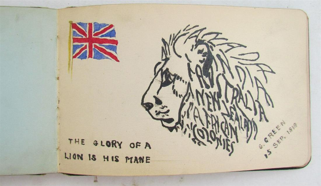WWI ERA 1914 ILLUSTRATED w/ HAND DRAWINGS BRITISH AUTOGRAPHS BOOK antique: Size 4.5 by 7" Original binding Gilt edges ILLUSTRATED with 10 color and b/w hand drawings. Many pages are filled, some are blanc. - Reserve: $105.00 Shipping: Domestic: Flat-rate of $25.00 to anywhe