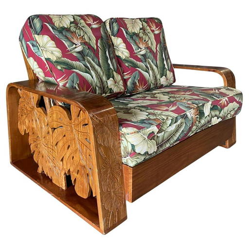 Post War Carved Koa Wood Tropical Mid Century Loveseat Sofa (0151) on Dec 21, 2022 Jasper52 in NY