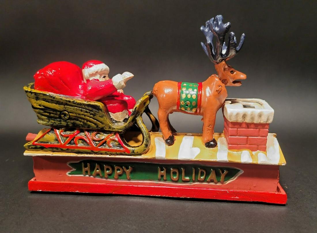 Christmas Santa Sleigh Reindeer Cast Iron Mechanical Coin Bank (1 of 12)
