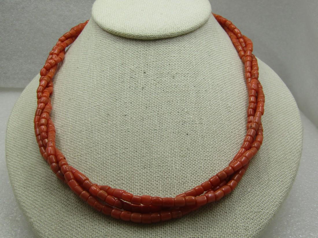 Vintage Triple Strand Coral Necklace, Sterling Box Clasp, Asian Markings, 19": Vintage Triple Strand Coral Necklace, Sterling Box Clasp, Asian Markings, 19". The beds are a salmon colored and are appx. 4.5mm long and 3.5mm thick. The beads are in different shades, some slightly 