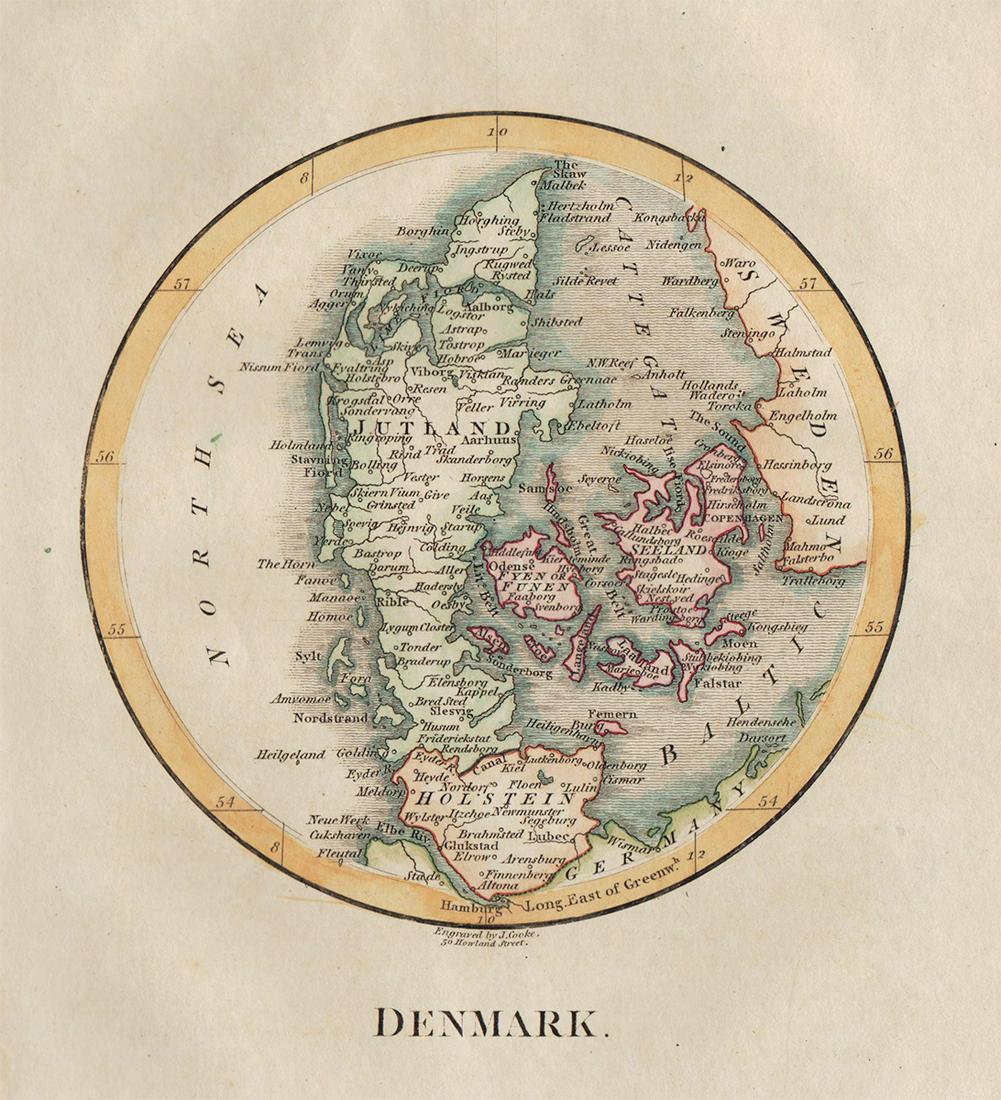 Extremely rare map of Denmark by John Cooke, 1802: Desirable and very rare miniature map of Denmark in a circular format, which is extremely unusual. From an 1802 edition of The Universal Atlas, published by John Cooke and J. Harris in London. Dated J