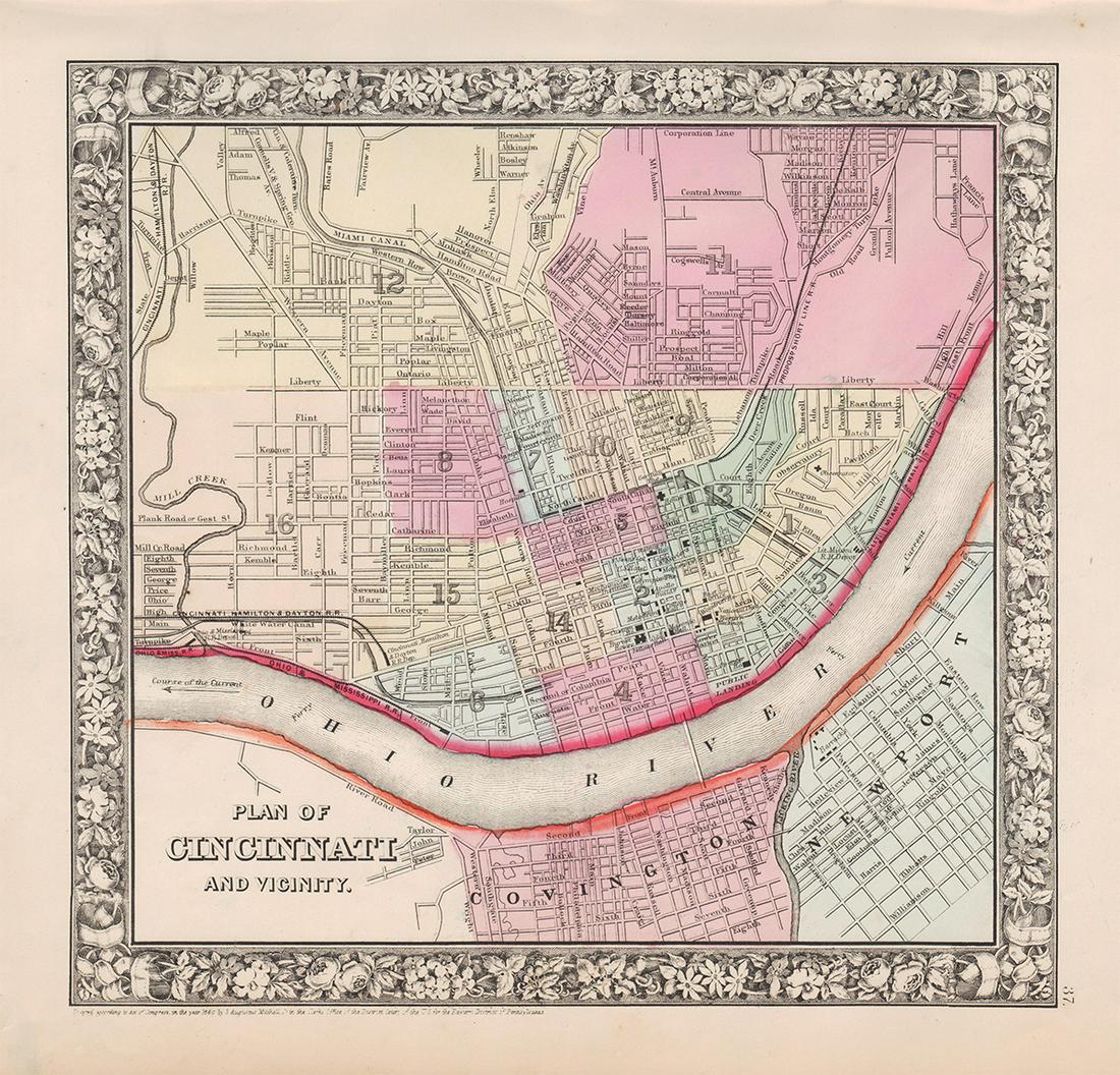 Sharp “Plan of Cincinnati” by S. A. Mitchell, Jr. – 1860: Very nice map depicts the City of Cincinnati and surrounding region in great detail. Numerous buildings such as the Post Office, Western Museum, Mayor’s Office, Mechanics Institute and U. S. Hot