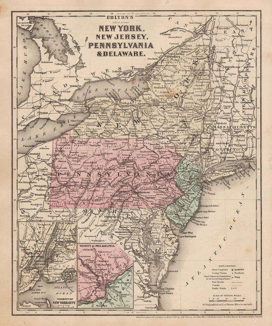Colton’s NY, NJ, Penn. & Delaware 1860s school atlas map (1 of 4)