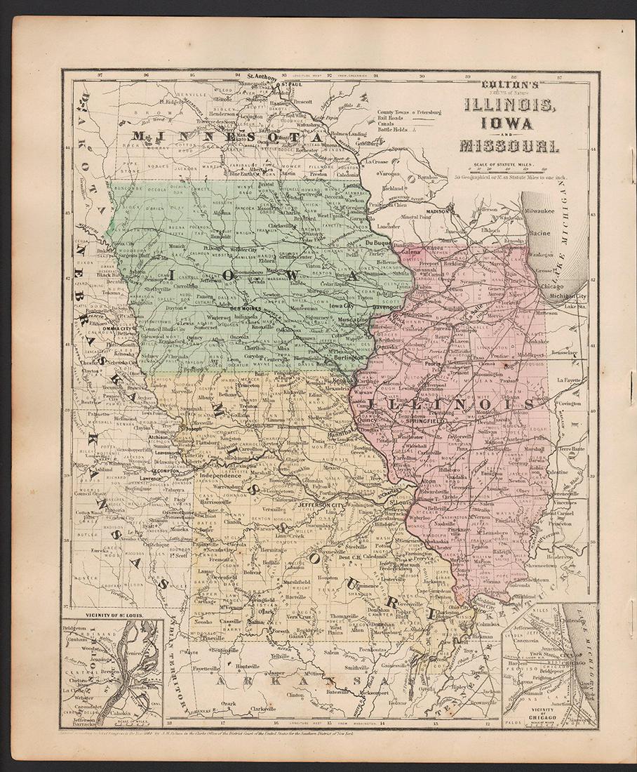 Colton’s Illinois, Iowa & Missouri 1860s school map: Excellent example of an 1860s school atlas map of these Midwestern states. Clean and sound with good ink impression. Shows railroads, roads, towns, cities, rivers, etc. Insets of Vicinity of St. Louis