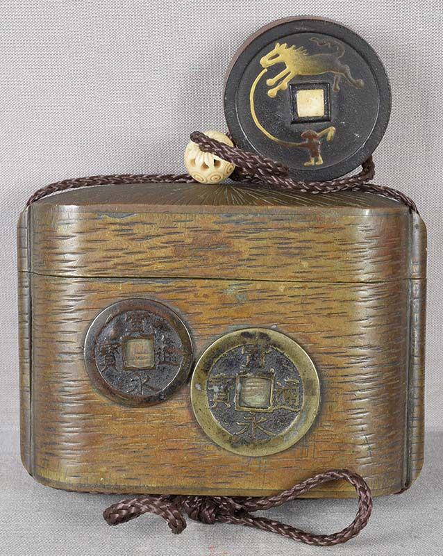 19c inro Japanese tobacco box COINS & COIN horse netsuke (1 of 6)