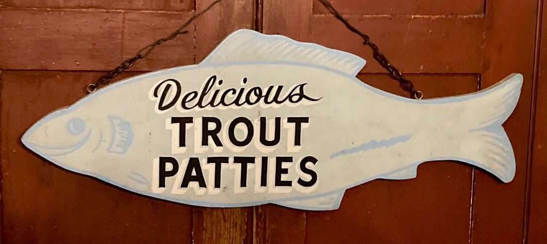 C1960’s pine TROUT PATTIES restaurant sign (1 of 4)