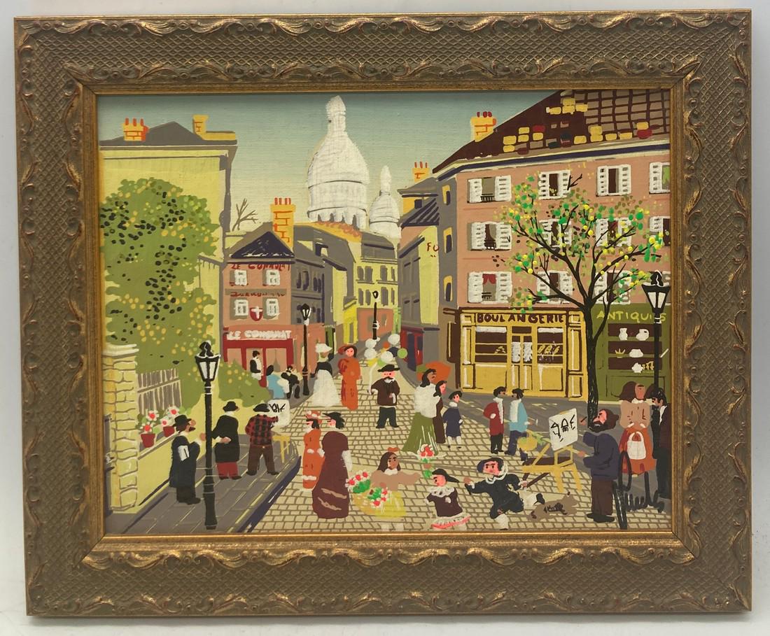 WHIMSICAL FRENCH NAIVE FOLK ART Boulangerie Paris STREET SCENE Original PAINTING SIGNED (1 of 8)