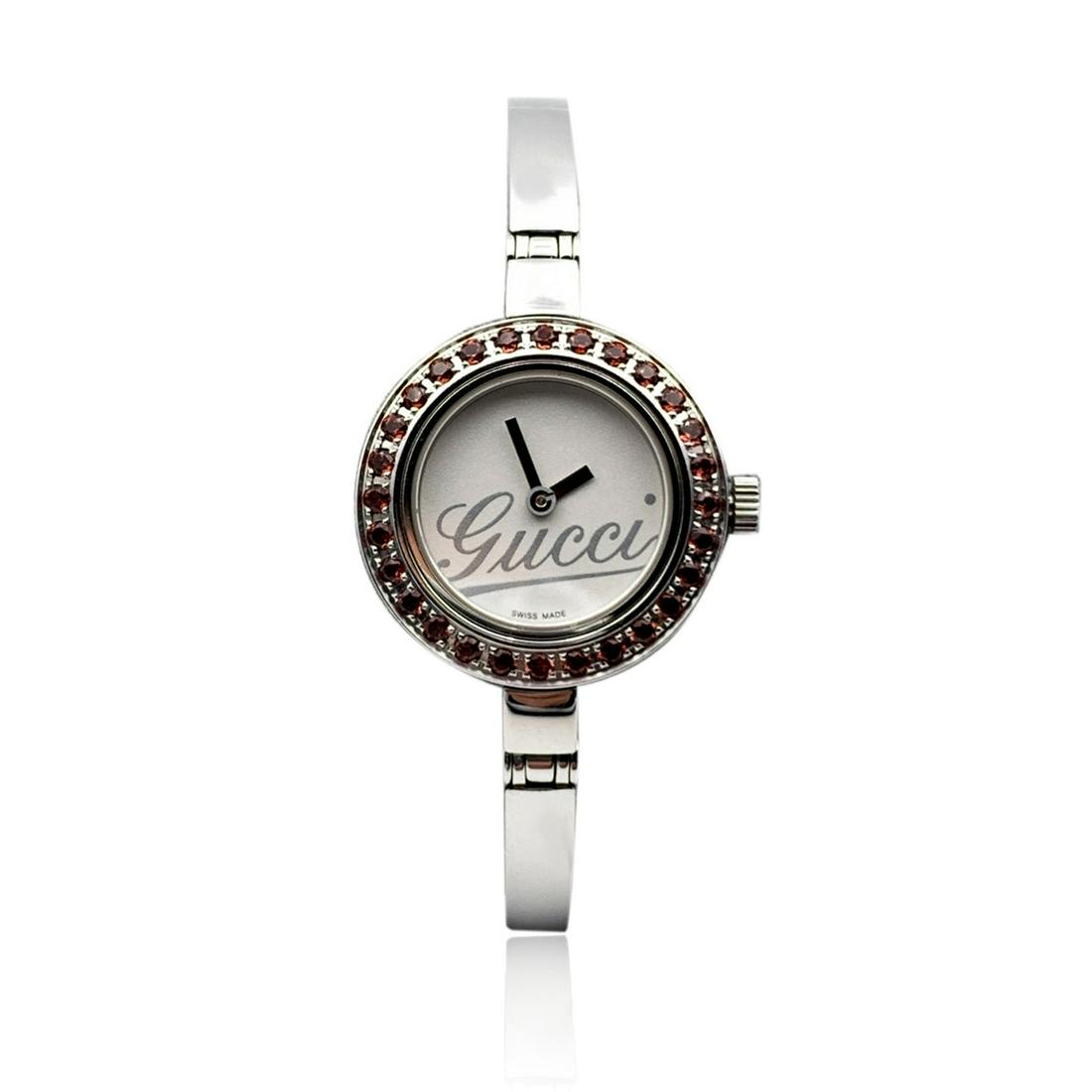 Gucci Vintage Stainless Steel Mod 105 L Bangle Watch Garnet Bezel