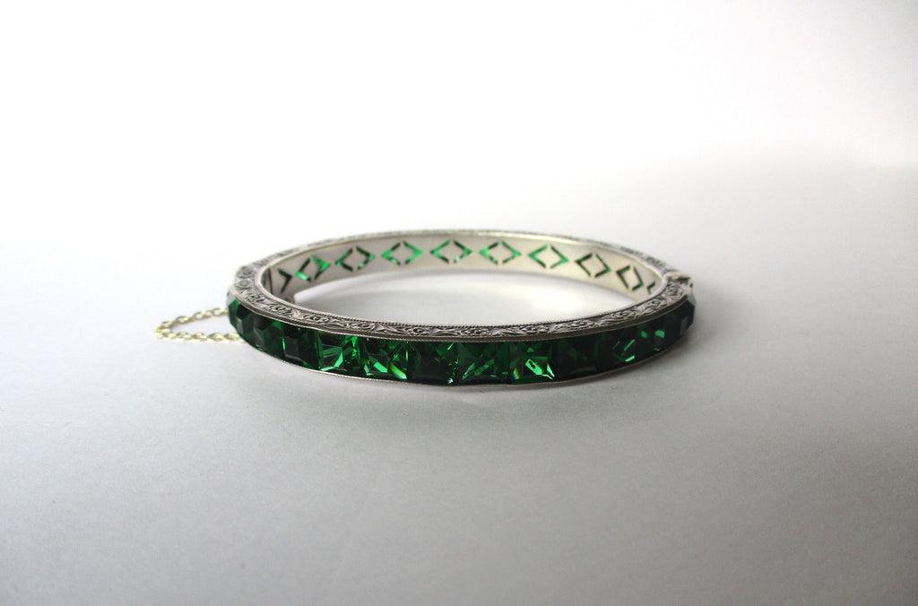 Art-Deco Sterling Silver & Emerald Green Paste 1/4-Inch Bangle Bracelet/Boho/Shabby Chic (1 of 5)