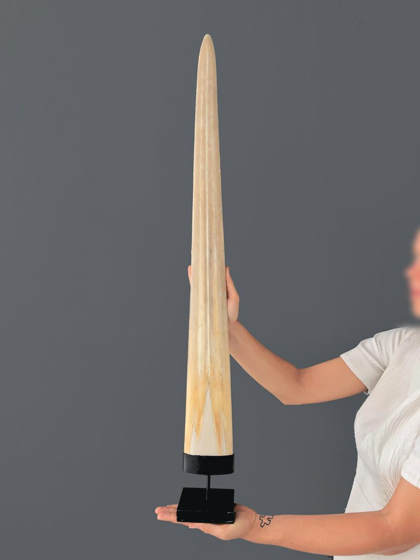 Extra large swordfish tusk with custom stand: Title: Extra large swordfish tusk with custom stand Maker: Unknown Origin: Indonesia Date/Period: 2021 Materials: Bone, Steel, Xiphius Gladius Dimensions:Height including stand: 91 cm / 35.8 inches De