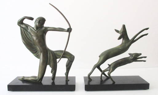 Michel Decoux Sculpture: Hunter With Bow Chasing Two Deer: Title: Michel Decoux Sculpture: Hunter With Bow Chasing Two Deer Description: Michel Decoux 2-Piece Sculpture Circa. 1916 France On two identical marble plinth blocks sits this bronze work of art by M