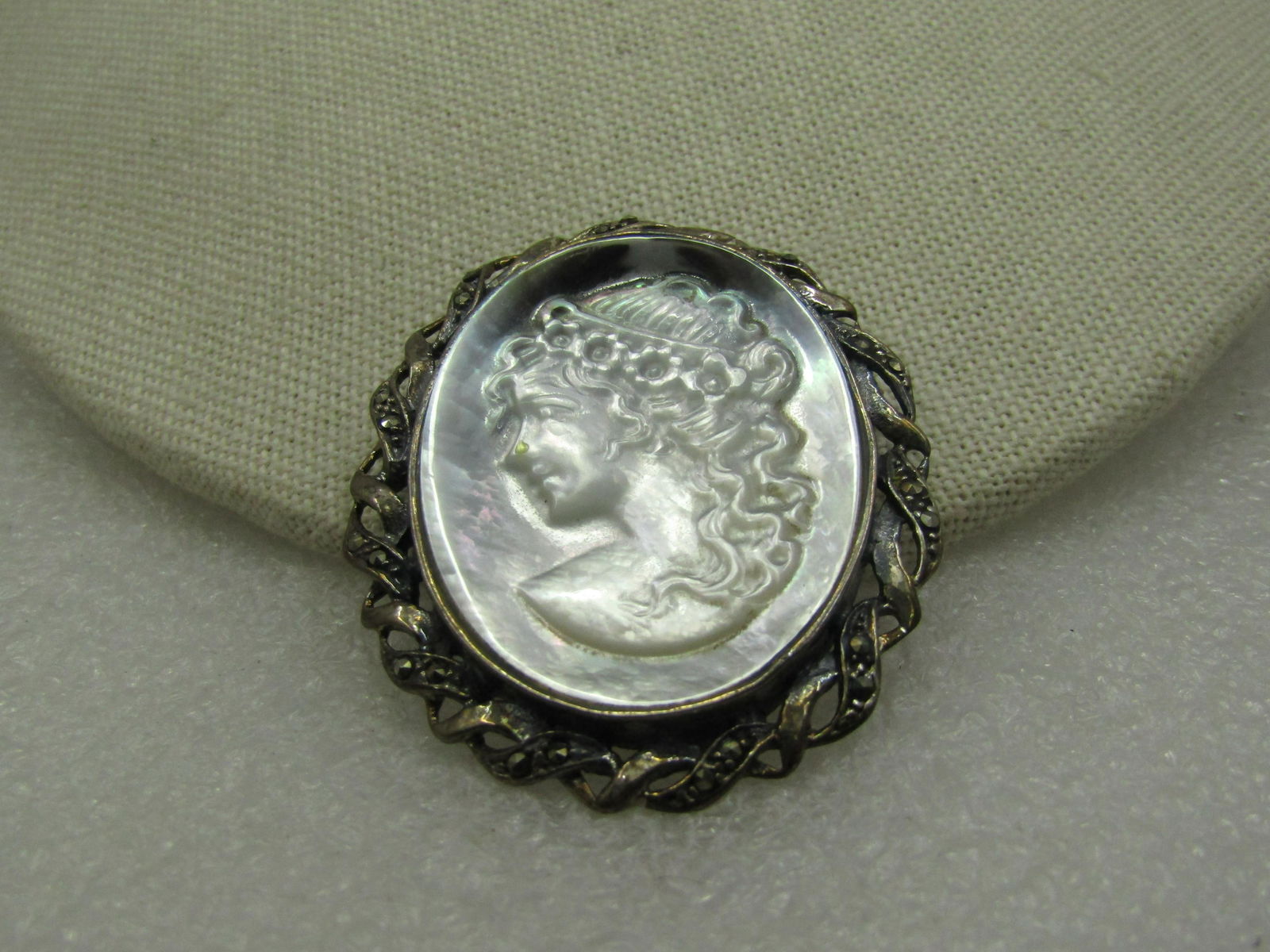 Vintage Sterling Mother-of-Pearl Carved Shell Brooch, 2" by 1-5/8" (1 of 6)