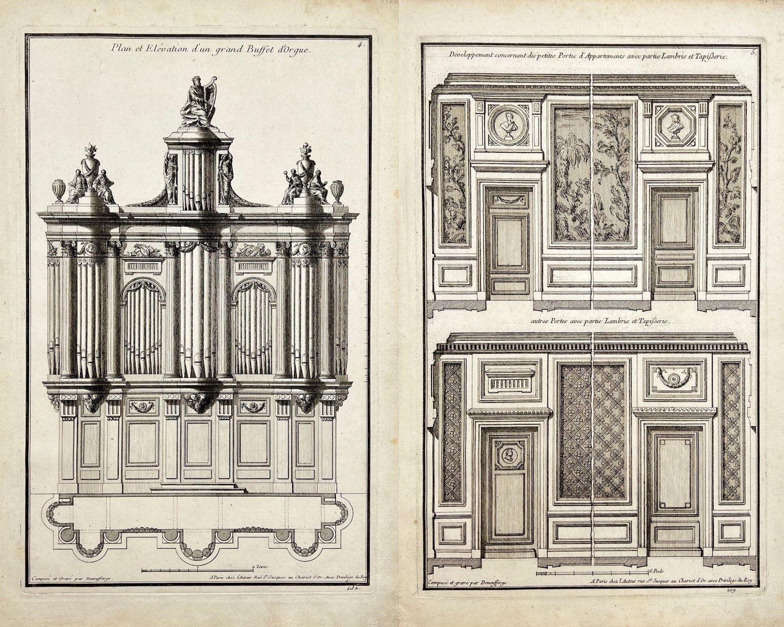 Antique Architectural Print - Set of 2 Prints - Plan of Elevation of a large Organ Case - France (1 of 3)