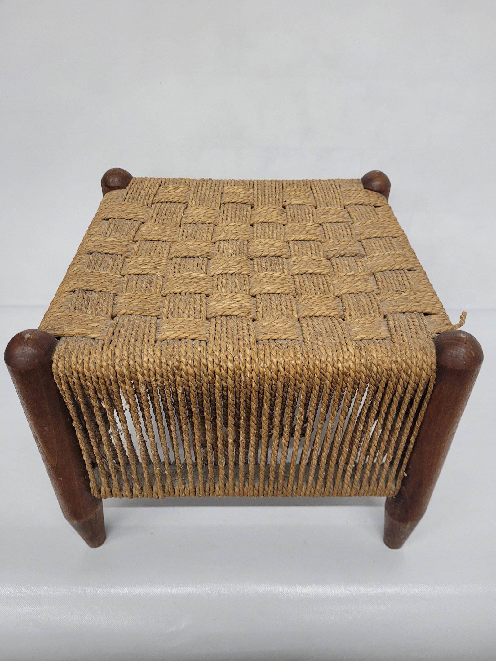 Vintage Mid Century Modern corded Danish Ottoman Wooden foot stool seat woven wood antique (1 of 5)