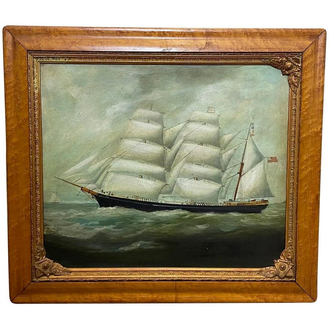 Decorative 19th Century Picture Of Schooner Sailing Ship In Birdseye Maple Frame (1 of 12)