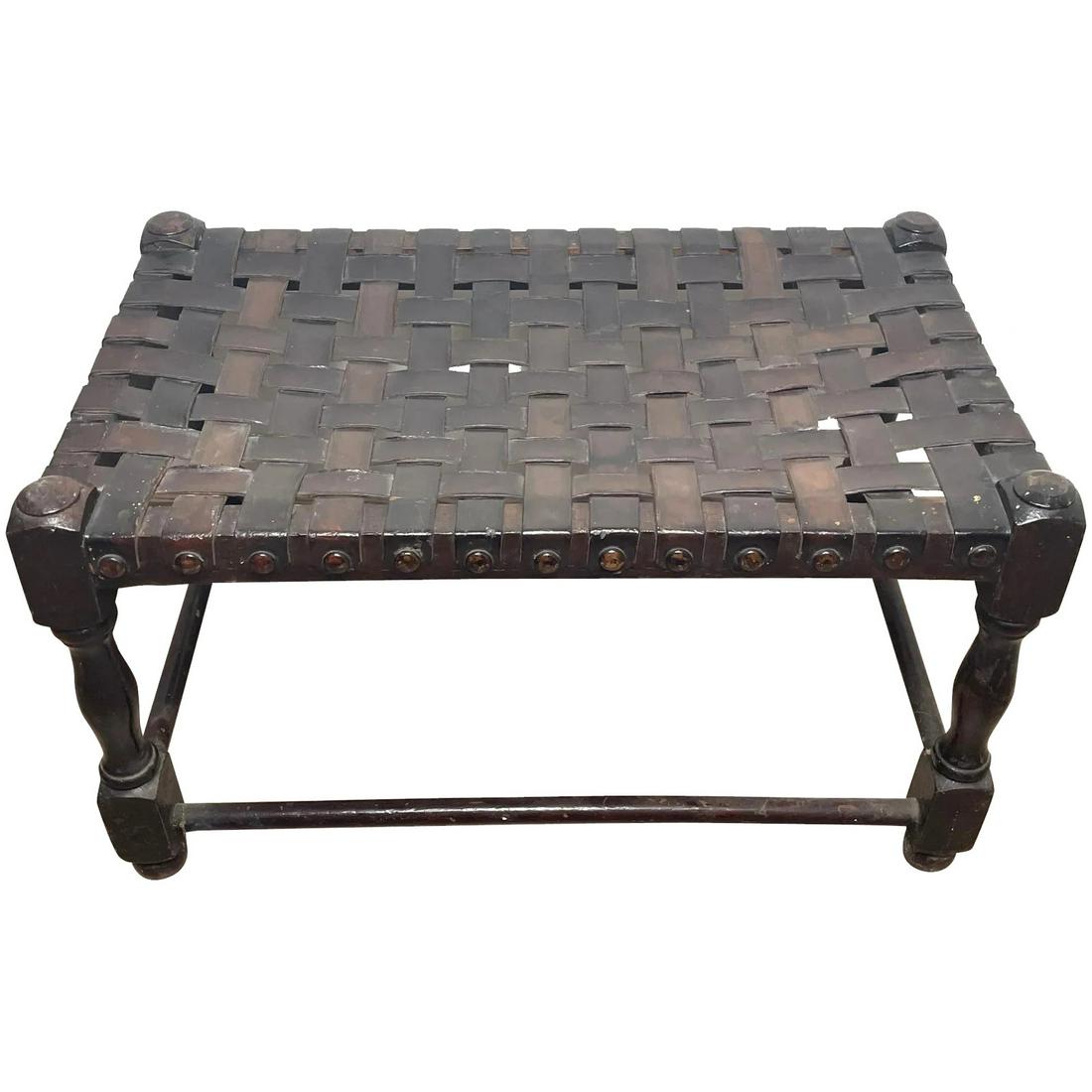 Art Deco 1930's English Handmade Oak & Leather Strapped Brass Studded Footstool (1 of 12)