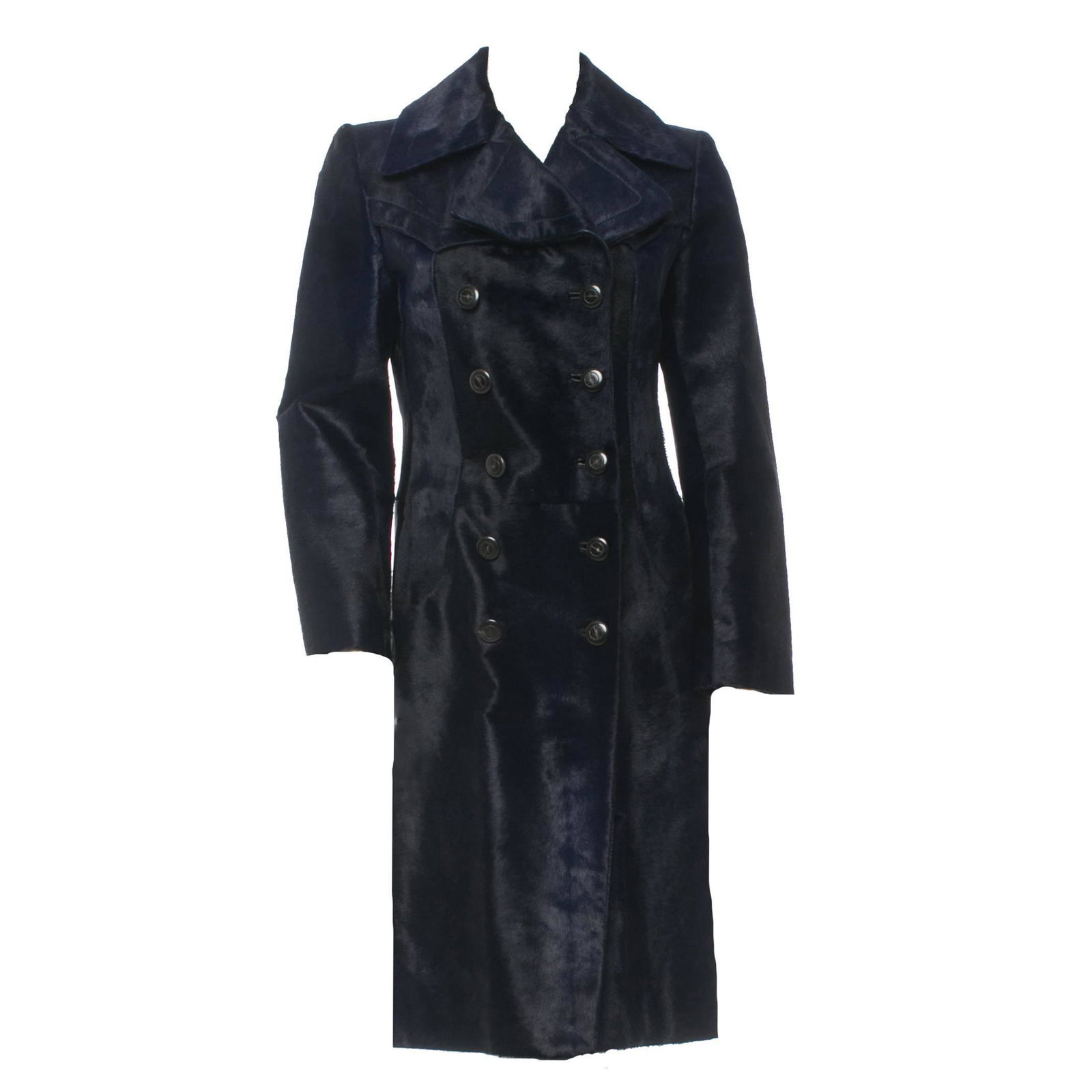 A/W 1995 RARE GUCCI by TOM FORD FUR COAT: TOM FORD for GUCCI 1995 Fall/Winter collection RARE FIND! Dark blue Calfskin IT 38 shoulder to shoulder 15 1/2" bust 36" waist 31" hips up to 40" total length 42" shoulder length 24" 100% leather Made