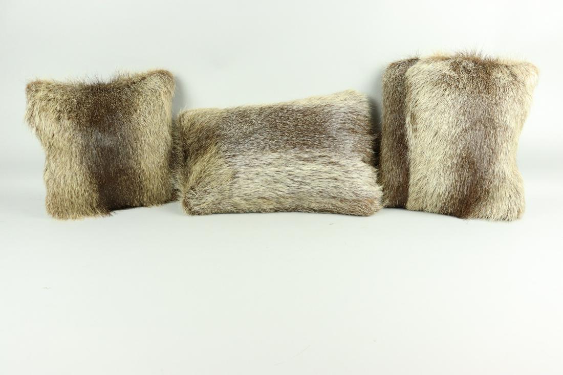 SET OF 3 NUTRIA FUR PILLOWS: Title: SET OF 3 NUTRIA FUR PILLOWS Size/Dimensions: Repurposed from multiple vintage fur garments re-made into super soft pillows, perfect for decoration; no filling in the pillow due to shipping; Siz