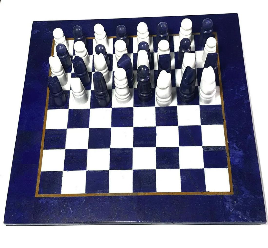 Lapis Lazuli and Marble Chess board, Lapis Lazuli Chess Board, Chess Board, Afghan Hand Made Chess: Title: Lapis Lazuli and Marble Chess board, Lapis Lazuli Chess Board, Chess Board, Afghan Hand Made Chess Board Set, 2930 grams Size 12/12 Inches Origin: Afghanistan Treatment: This is a Patch Work Pu