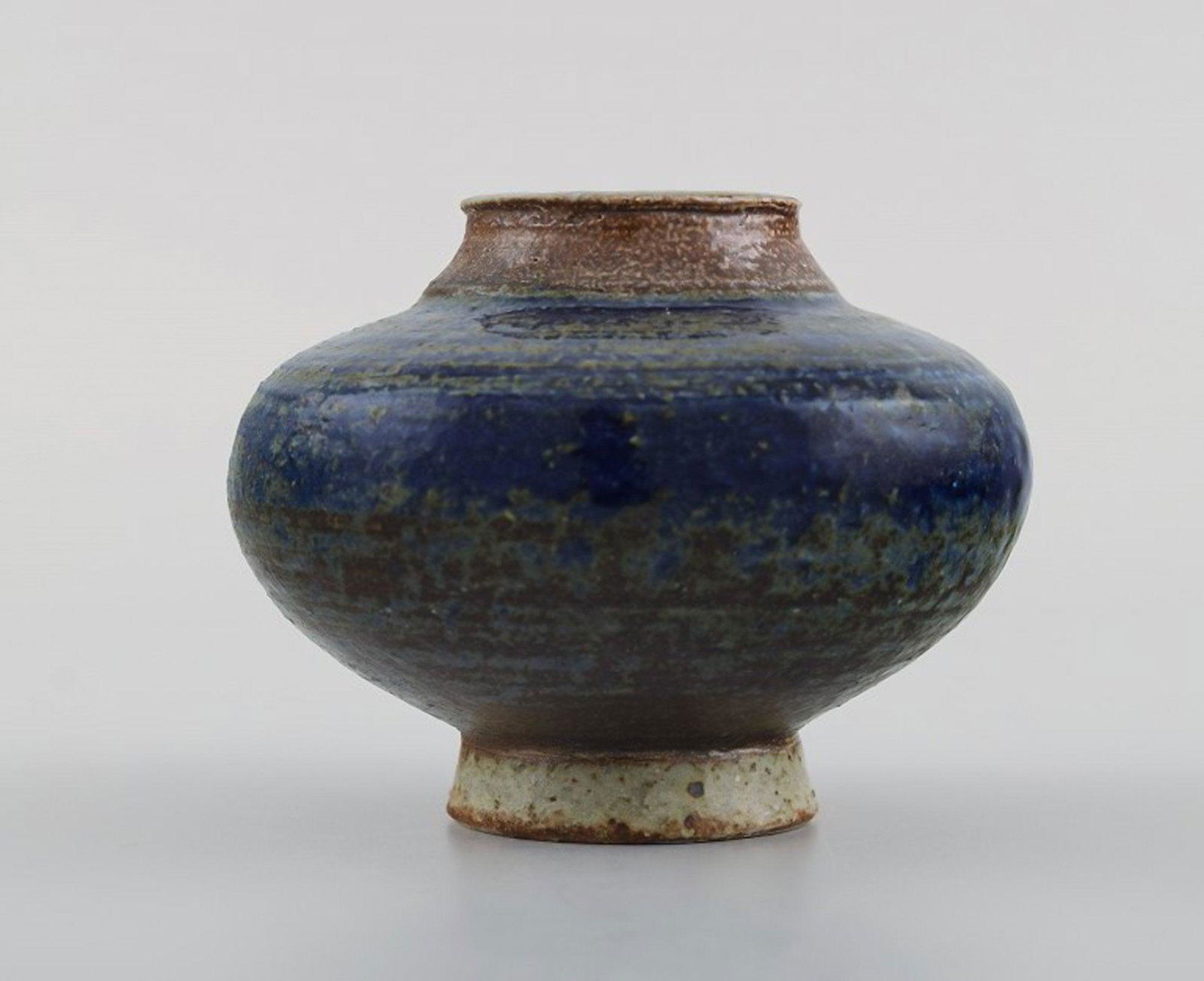 European studio ceramist. Small unique vase in glazed ceramics. Beautiful glaze in blue and brown (1 of 6)