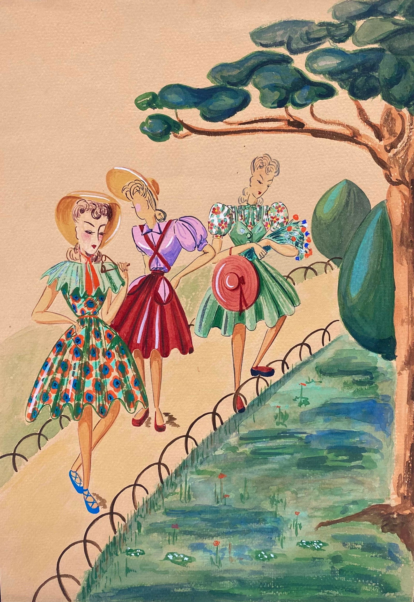 1940's Fashion Illustration - Three Elegant Women Walking Through The Park c. 1940's: Very stylish, unique and original 1940's fashion design by French illustrator Geneviève Thomas. The painting, executed in gouache and pencil. The sketch is original, vintage and measures unframed