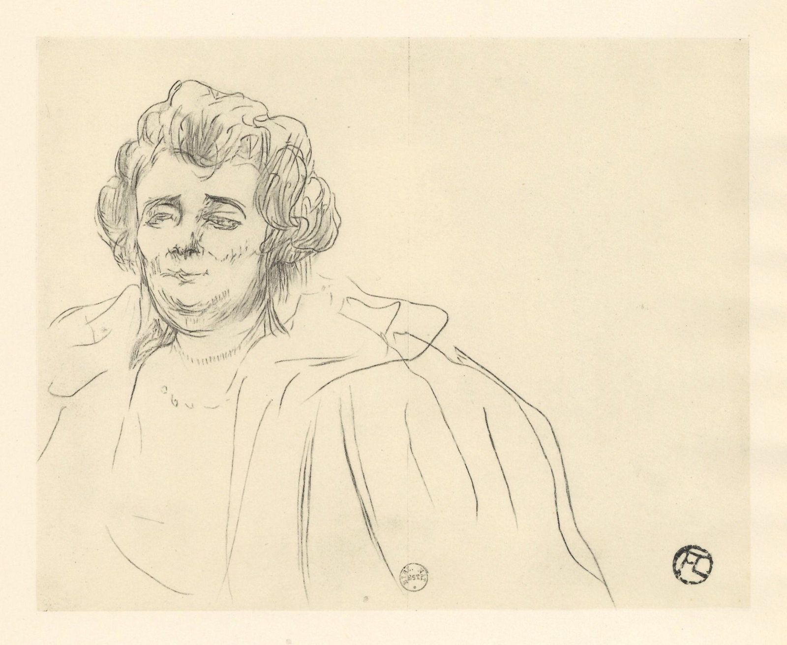 Toulouse-Lautrec lithograph "Madame Baron": Medium: lithograph (after the drawing). Printed in Paris in 1951 at the atelier Dreux-Barry in an edition of 1000. Sheet size: 12 1/4 x 9 1/4 inches (310 x 235 mm). Image size: 6 1/4 x 7 3/4 inches (1