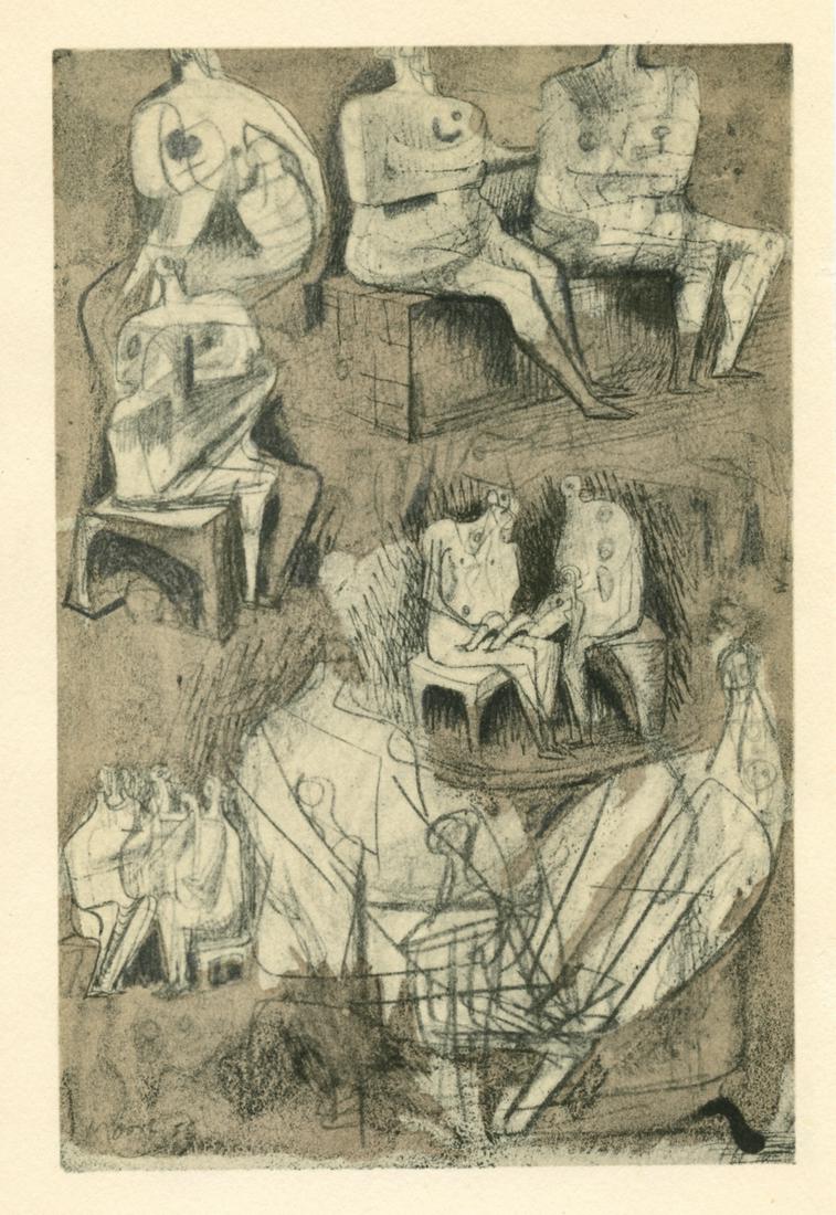 Henry Moore pochoir "Etude pour une sculpture": Medium: pochoir (after the watercolor). Printed in Paris in 1957 at the atelier of Daniel Jacomet and published by the Berggruen Gallery for a rare catalogue. Image size: 5 7/8 x 3 7/8 inches (150 x 9