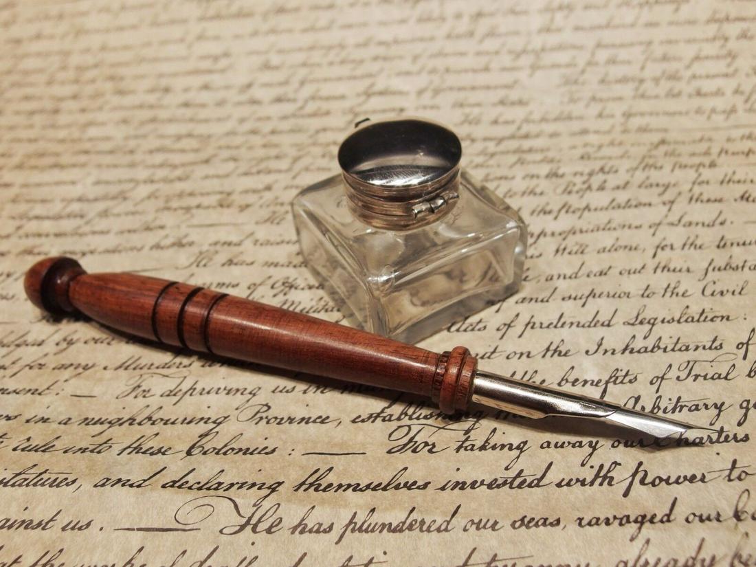 Small Square Clear Inkwell Ink Pot with Wood Dip Calligraphy Pen (1 of 9)