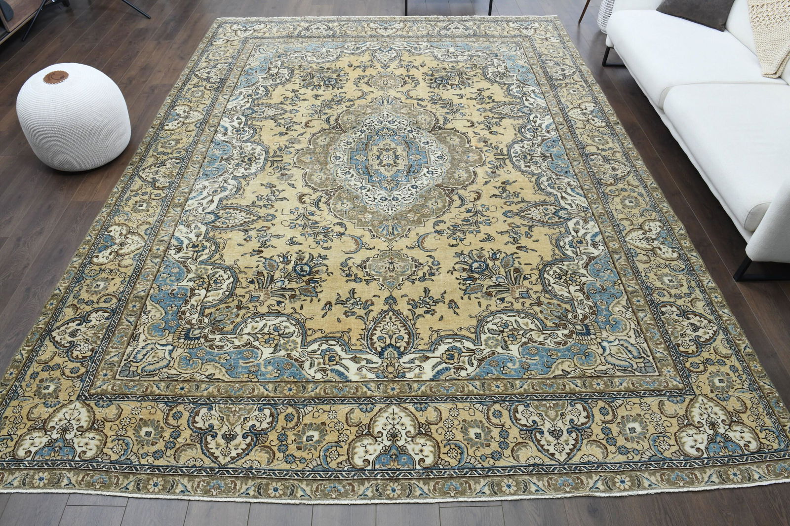 9x12 Pastel Oushak Antique Handmade Wool: Title: 9x12 Pastel Oushak Antique Handmade Wool Origin: Turkey Date/Period: 1960 - 1970 Materials: Wool and Cotton Description: This one-of-a-kind Persian Vintage Rug is hand-knotted and handwoven by