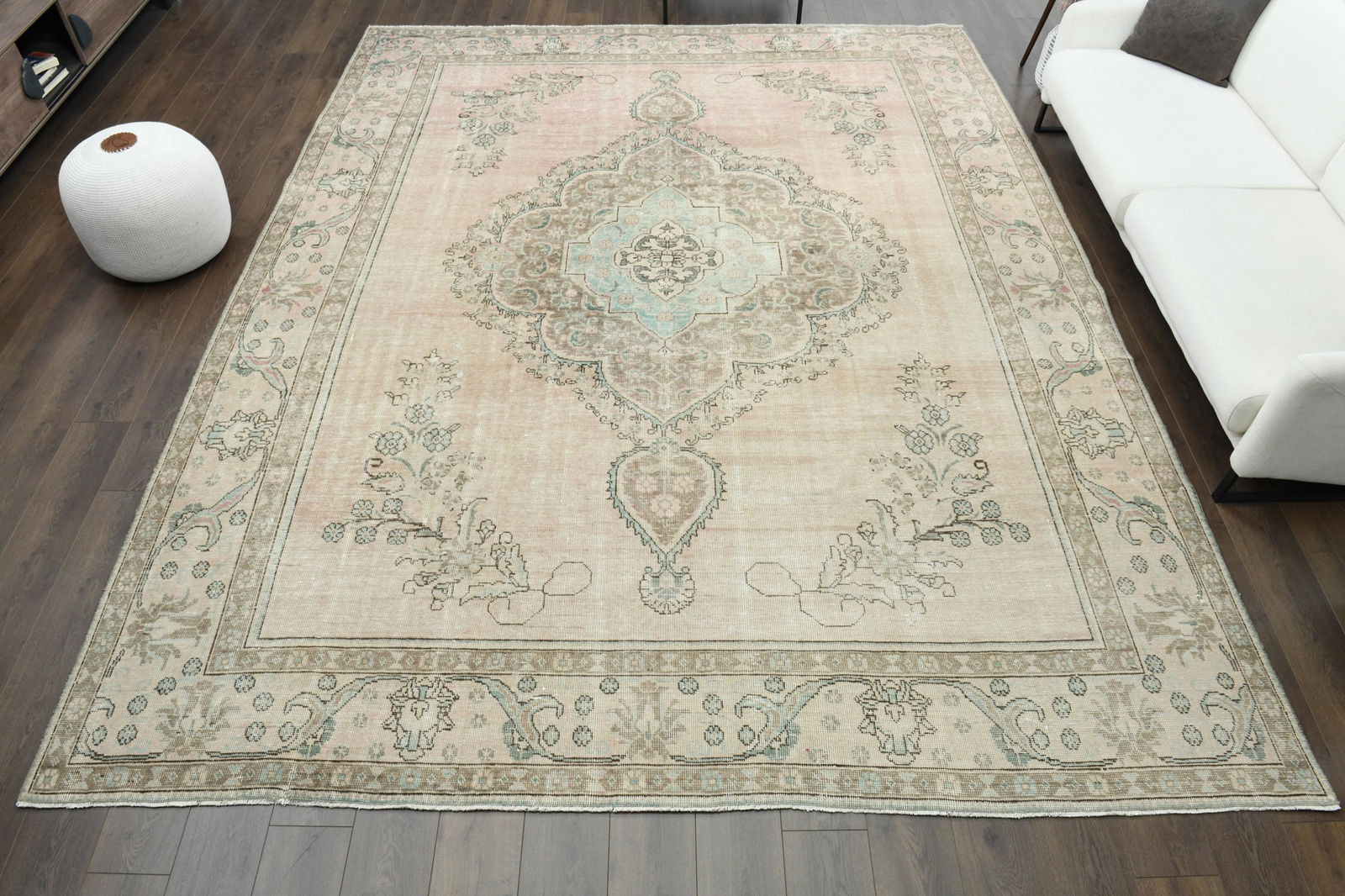 10x13 Original Oushak Antique Handwoven: Title: 10x13 Original Oushak Antique Handwoven Origin: Turkey Date/Period: 1960 - 1970 Materials: Wool and Cotton Description: This one-of-a-kind Persian Vintage Rug is hand-knotted and handwoven by t