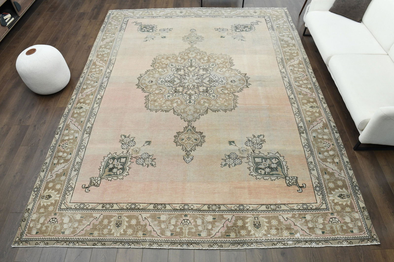 9x12 Original Oushak Antique Handwoven: Title: 9x12 Original Oushak Antique Handwoven Origin: Turkey Date/Period: 1960 - 1970 Materials: Wool and Cotton Description: This one-of-a-kind Persian Vintage Rug is hand-knotted and handwoven by th