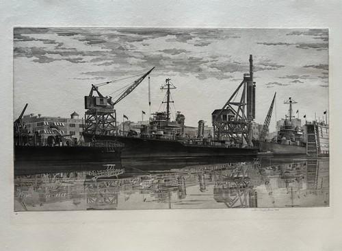 John Taylor Arms ( 1887-1953) Etching 1943 Signed: John Taylor Arms ( 1887 - 1953 ) American Etching 1943 Signed and Dated lower right. Numbered from edition. Information on lower mat: Destroyers in Wet Basin at Federal Shipbuilding and Drydock Compan
