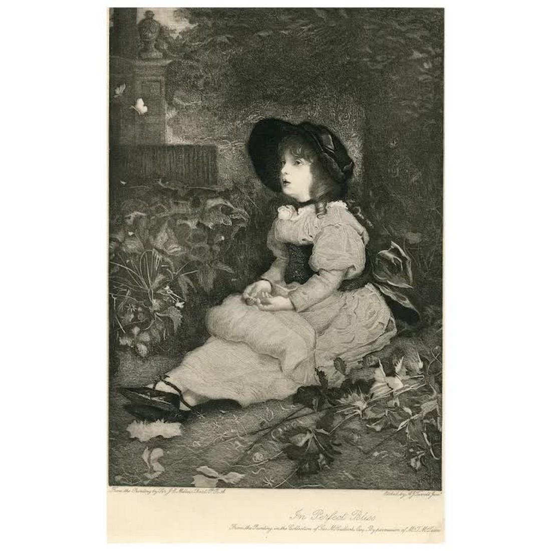In Perfect Bliss, after J.E. Millais. A.J. Turrell: Title: In Perfect Bliss. Artist: after John Everett Millais (UK 1829 – 1896) Etcher: Arthur James Turrell (1871-1940). Description: Published in The Art Journal. Size: 25x17,5 cm. Condition: foxing