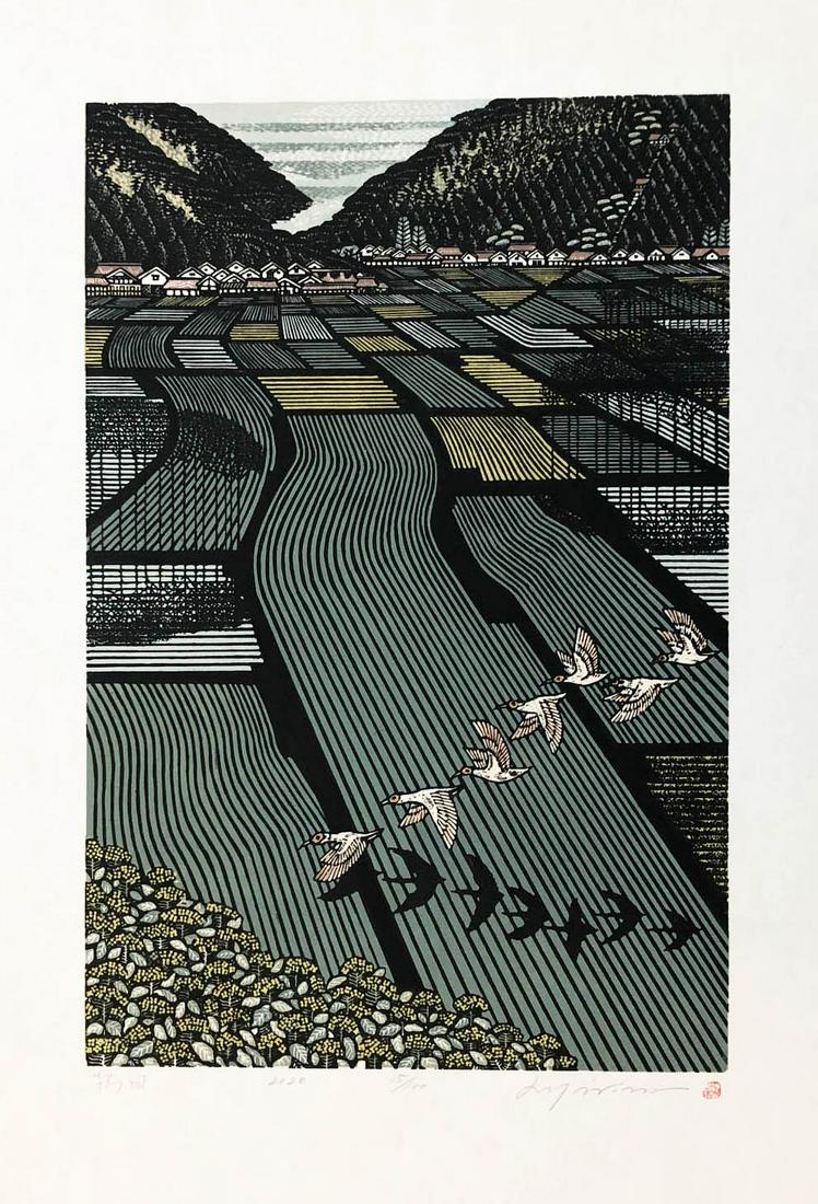Ray Morimura (B. - 1948)Rice Fields With Toki (Crested Ibis) (1 of 1)