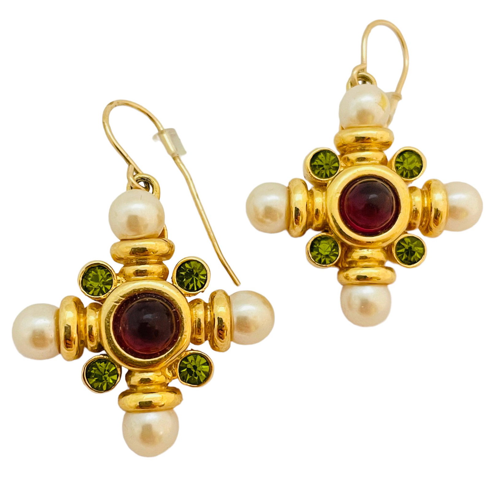 Vintage JESARA maltese cross jewel pearl gold designer runway earrings: DETAILS • signed JESARA • gold tone with pearls and glass cabs • vintage designer runway earrings MEASUREMENTS • CONDITION • excellent vintage condition with minimal