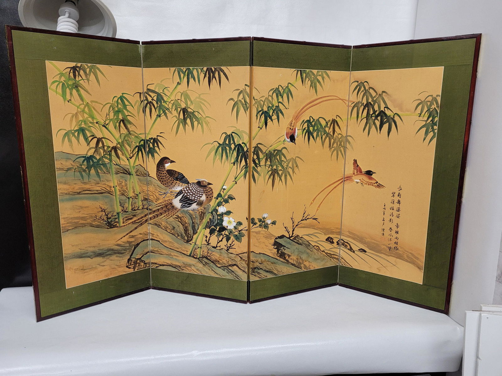 Vintage Oriental Pheasants Screen Divider Silk Print Wall Art Hanging Asian Decor Wood Frame (1 of 10)