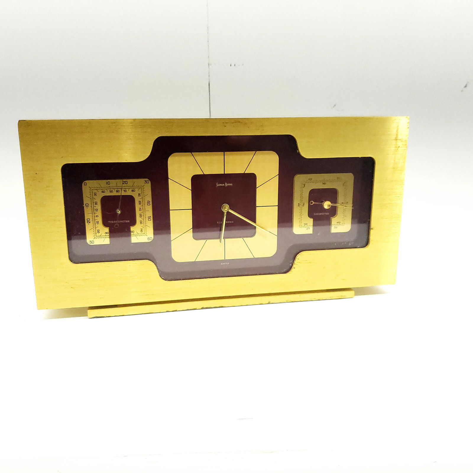 Vintage Neiman Marcus Gold Brass Mantel Clock Barometer and Thermometer Desk Office Number 763 Swiss (1 of 8)