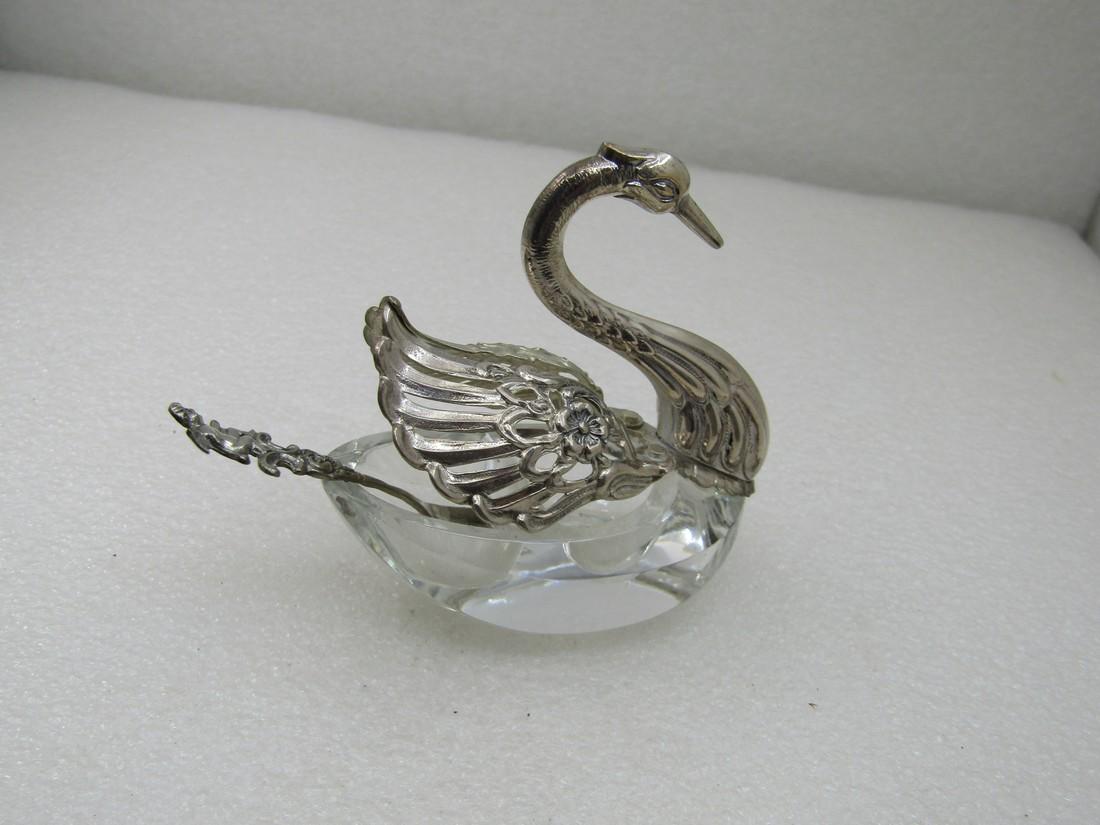 Vintage .835 Silver & Glass Swan Salt Cellar with Spoon Signed Albo (1 of 8)