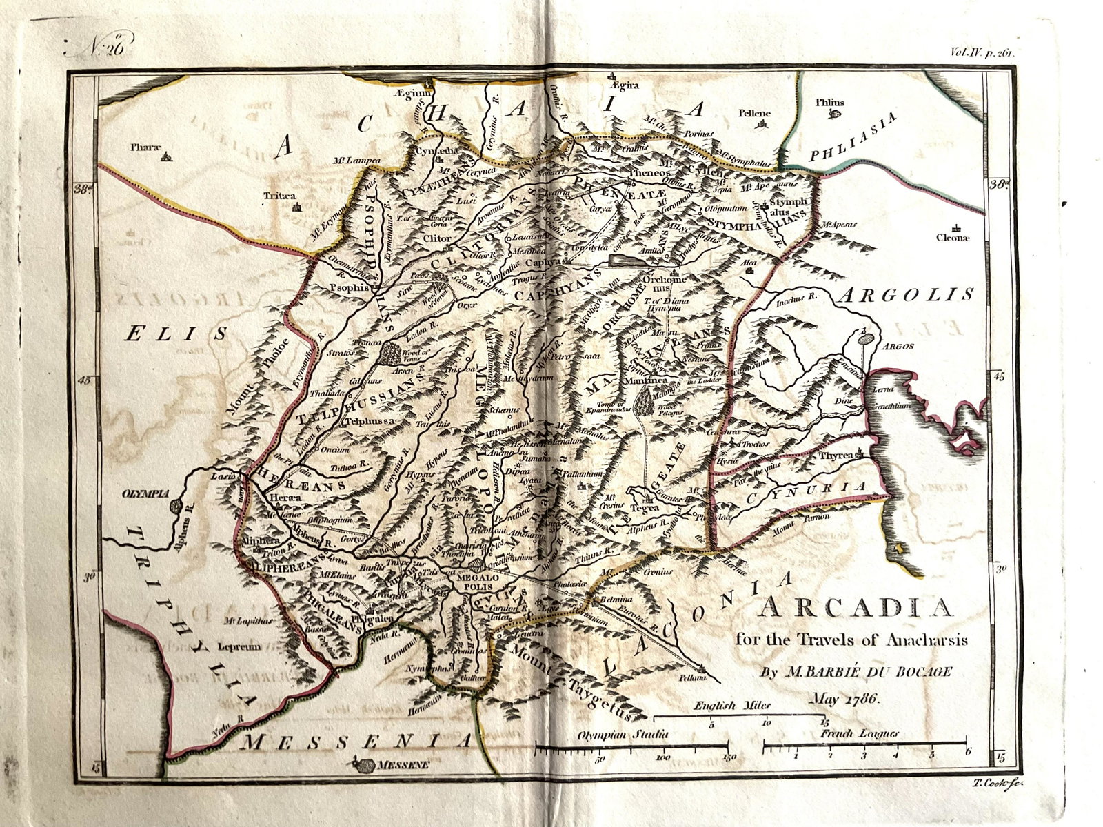 Ancient Arcadia region of Greece. 1786 by Barbie du Bocage: Title: Ancient Arcadia region of Greece. 1786 by Barbie du Bocage Date/Period: 1787/1791 Materials: Copperplate engraved Size: 15 1/2 x 10 1/2'' Arcadia region with the city of Megalopolis. By Jean De