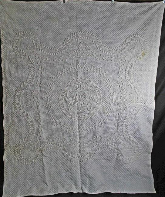 White Work 19C Trapunto Floral Urn Stuffed Quilt (1 of 12)