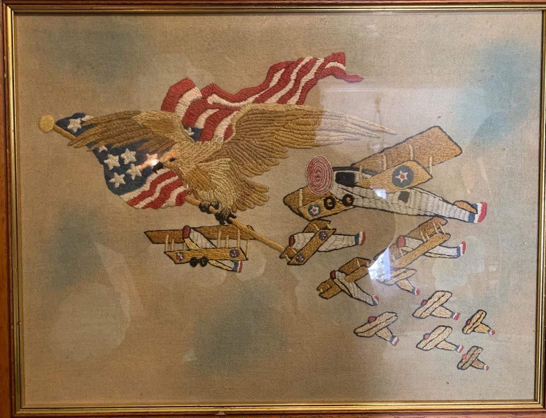 WWI, American embroidery with eagle holding the American flag and aircrafts (1 of 1)