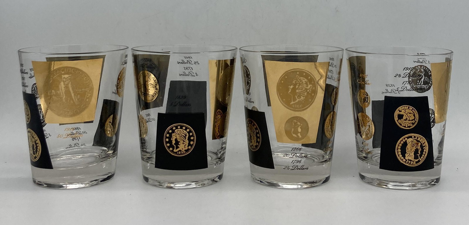 MCM 22k Cera Coin Double Old Fashion Glasses Bar Ware: Title: MCM 22k Cera Coin Double Old Fashion Glasses Bar Ware Date/Period: approx 1950-60's Dimension: approx 4.5 x 3.75" Material: glass Additional Information: MCM 22k Cera Coin Double Old Fashion Gl