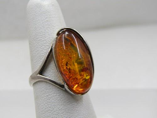 Vintage Sterling Amber Ring, Size 6, Elongated Oval (1 of 10)