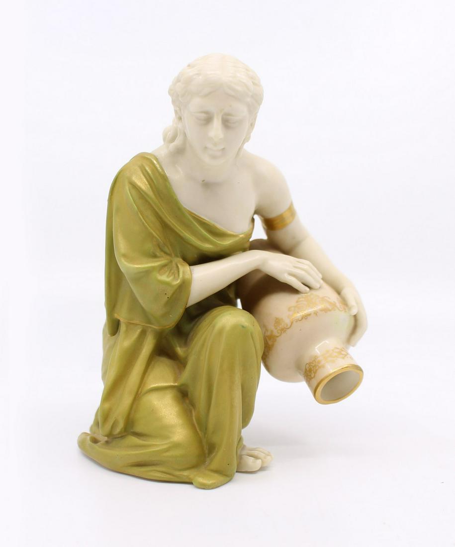 Royal Worcester Hadley Figurine 637 Kneeling Water Carrier 1910: Royal Worcester Hadley Figurine 637 Kneeling Water Carrier 1910 Royal Worcester, early 20th century Modelled by James Hadley (1837-1903) Model no. 637. First quality green backstamp with date code for