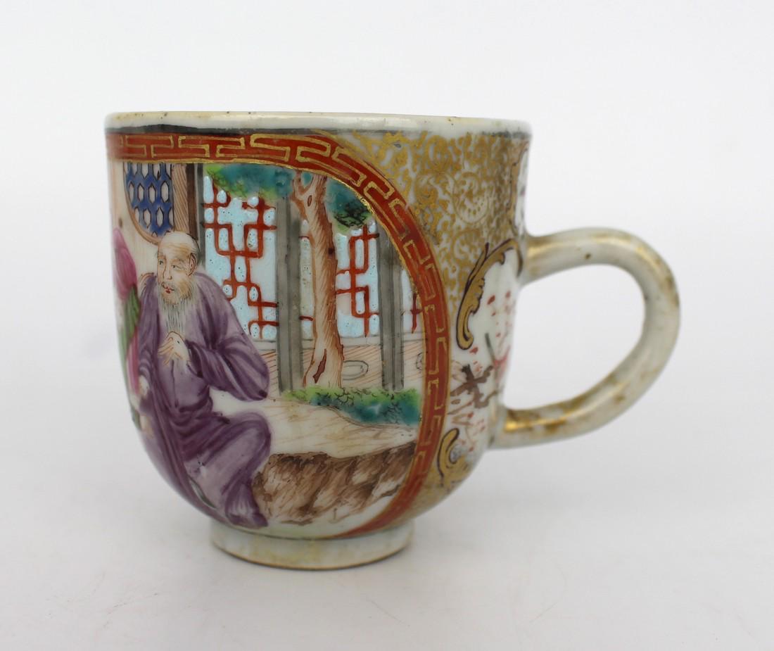 Antique Chinese Famille Rose Tea Cup: Antique Chinese Famille Rose Tea Cup Measures 8 x 6 x 6 (height) cm. Good condition commensurate with age. No cracks or repairs. Wear to gilding on rim and handle. Little nibbles to rim of base Reserv