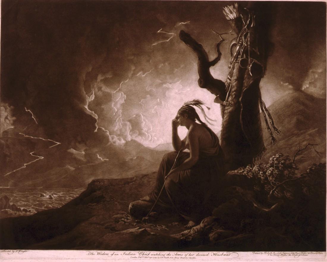 1789, AFTER MEZZOTINT; WIDOW OF DEAD INDIAN CHIEF_HIS HATCHET-BOW & ARROW ON TREE (1 of 1)
