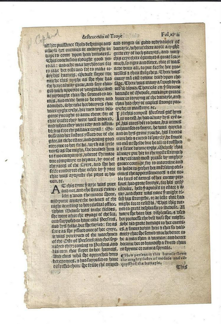 16th C English Leaf Destruction of Troy: A folio leaf from the Destruccion of Troy the "fyrst booke", printed by W Copland, circa mid 16th century, In English, Fine, measures 7 x 10.5". Reserve: $50.00 Shipping: Domestic: Flat-rate of $8.00
